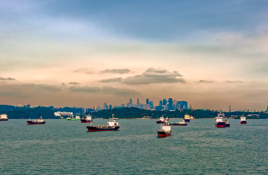 Various cargo ships waiting to load and unload in the harbour at the busiest port of Singapore