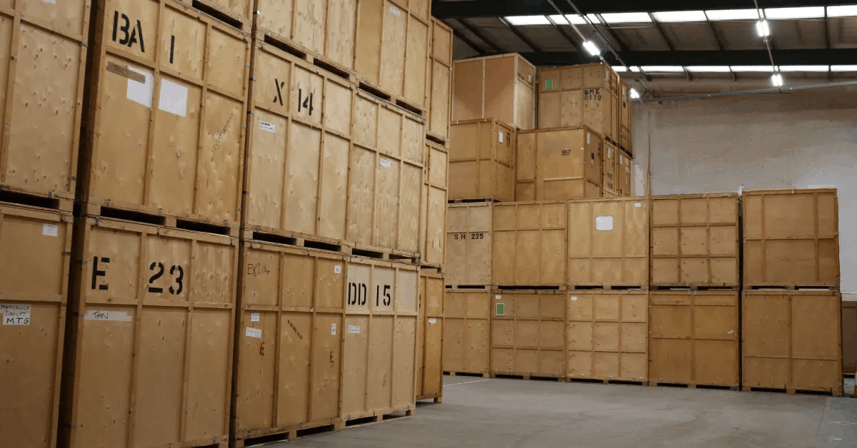 A full-service storage solution in London, where clients' belongings are securely stored in boxes.